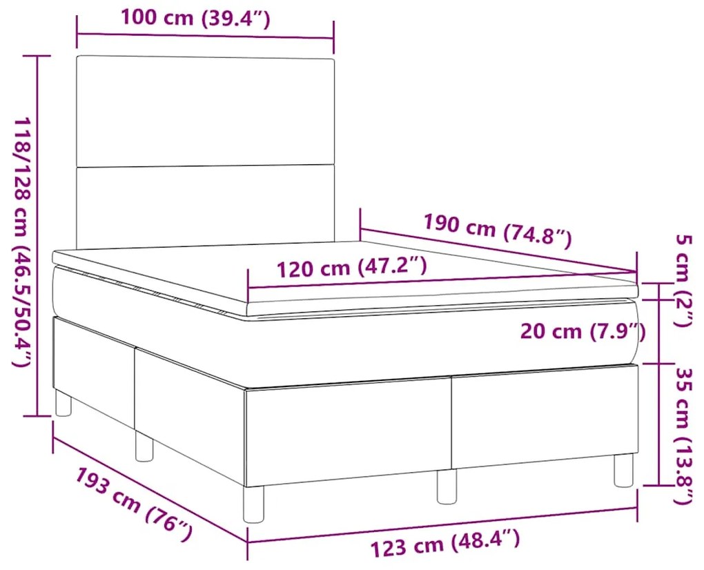 Cama box spring c/ colchão/LED 120x190cm tecido castanho-escuro