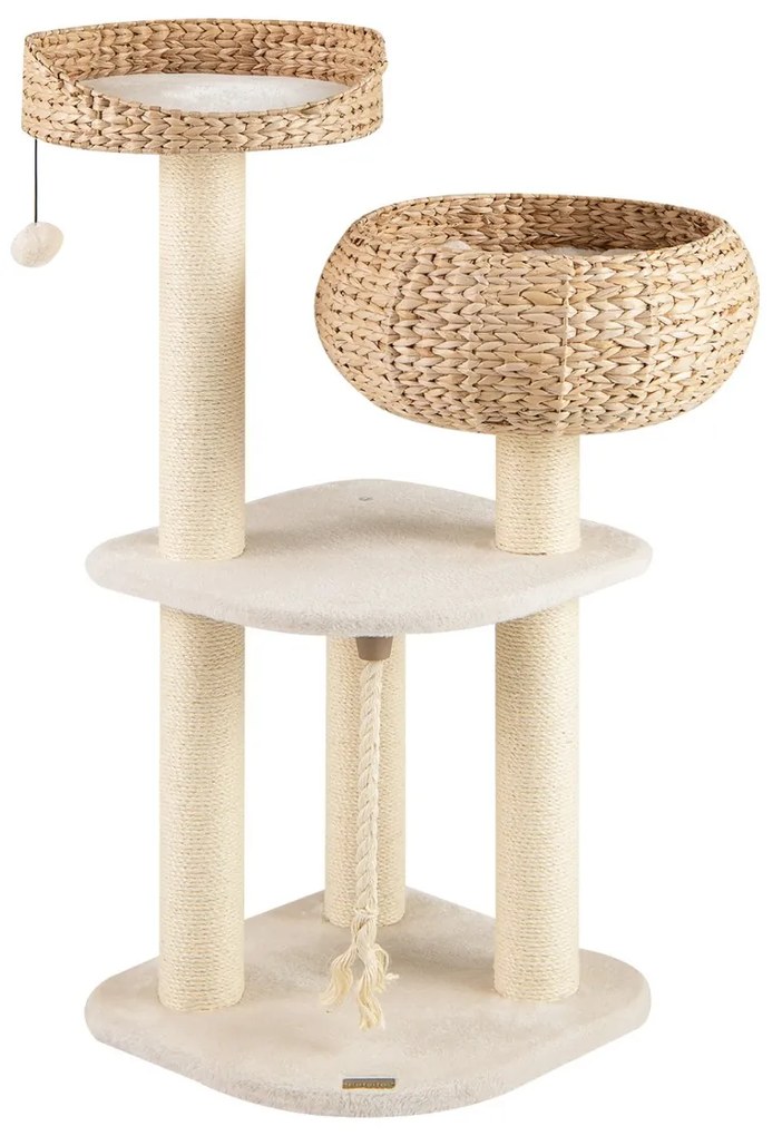 Arranhador para gatos com poleiros 45 x 45 x 104 cm, camas em forma de cesta, bola pendurada, corda e paus para arranhar  Branco