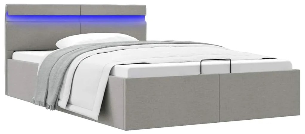 Cama hidráulica c/ arrumação LED 140x200 cm tecido cinza-claro