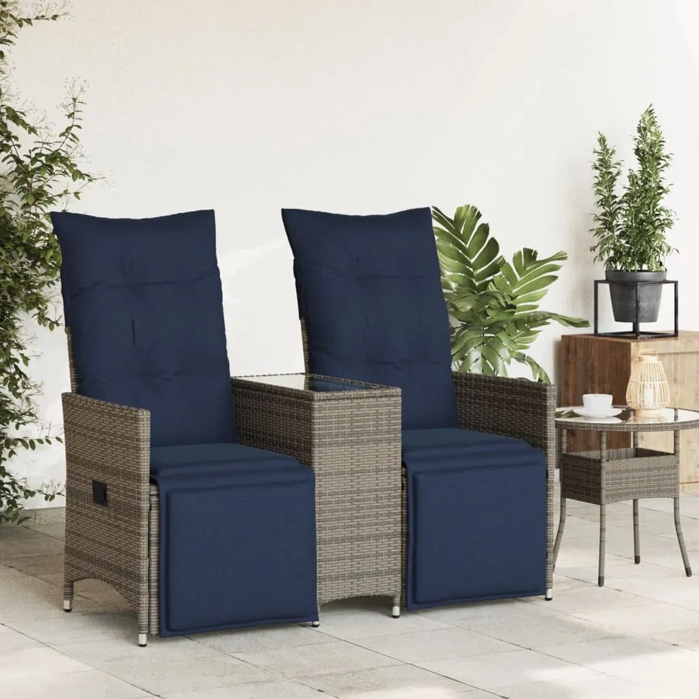 Sofá de jardim reclinável de 2 lugares com Mesa em vime sintético cinz