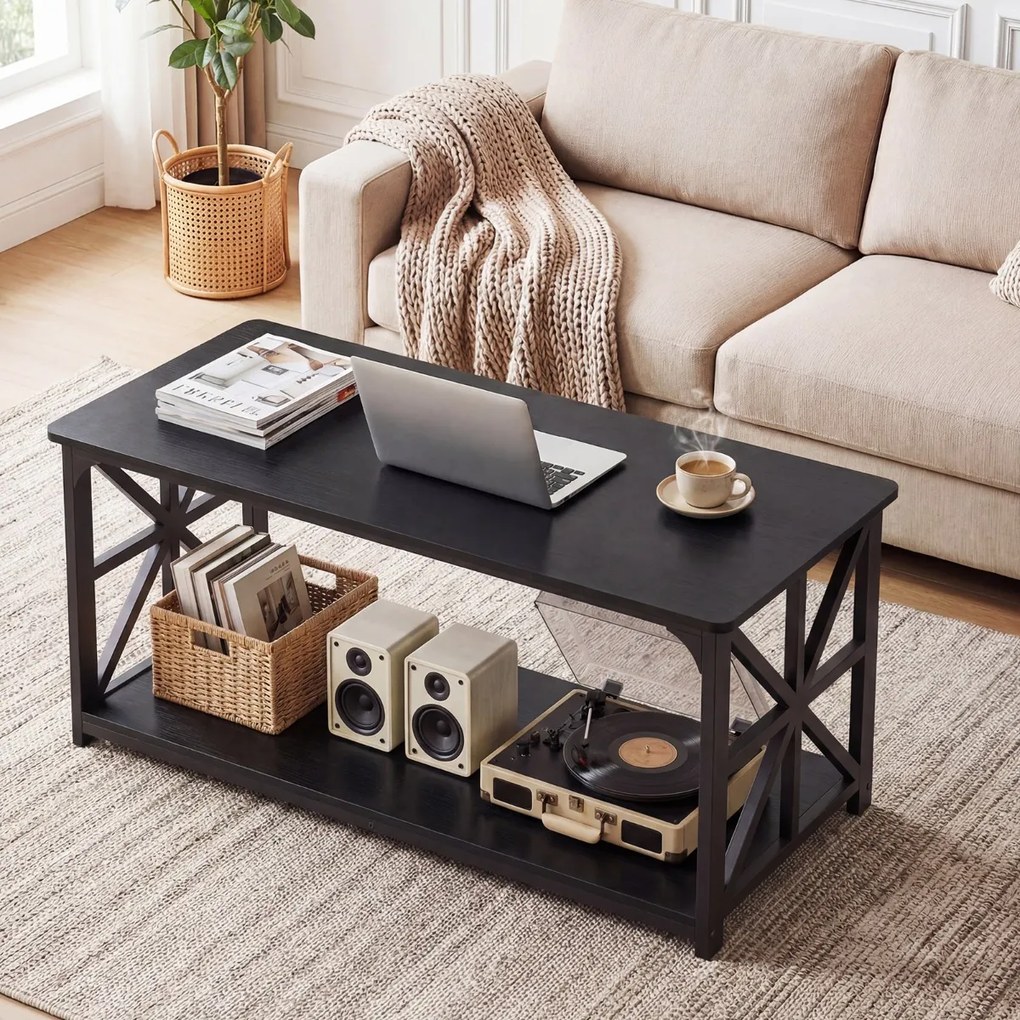 Mesa de centro de estilo industrial 109 x 50 x 48 cm, 2 níveis, prateleira aberta, estrutura metálica, para sala de estar, preta