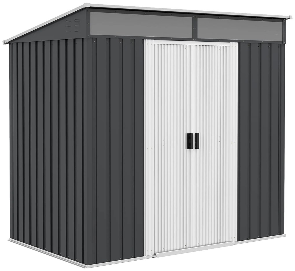 Outsunny Abrigo de Jardim 2 m² 195x122x181,5 cm Abrigo de Armazenamento Metálico com Porta de Correr e 2 Janelas Cinza Escuro