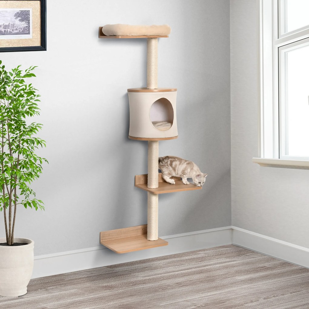 Árvore para Gatos de Parede com Múltiplas Plataformas Caverna Cama Superior Almofada Removível Postes Arranhadores de Sisal Torre para Escalar 38x30x1