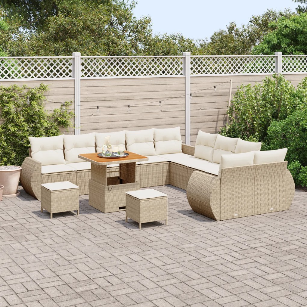 Conjunto de Sofá de Jardim de 13 Peças com Almofadas Bege Rattan Polié