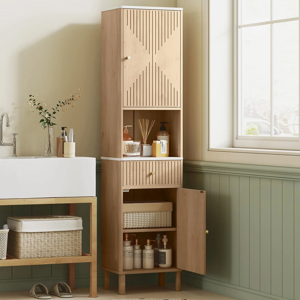 Coluna de casa de banho 41,5 x 30 x 168 cm, móvel de arrumação em coluna com gaveta deslizante silenciosa, 2 portas, cor carvalho