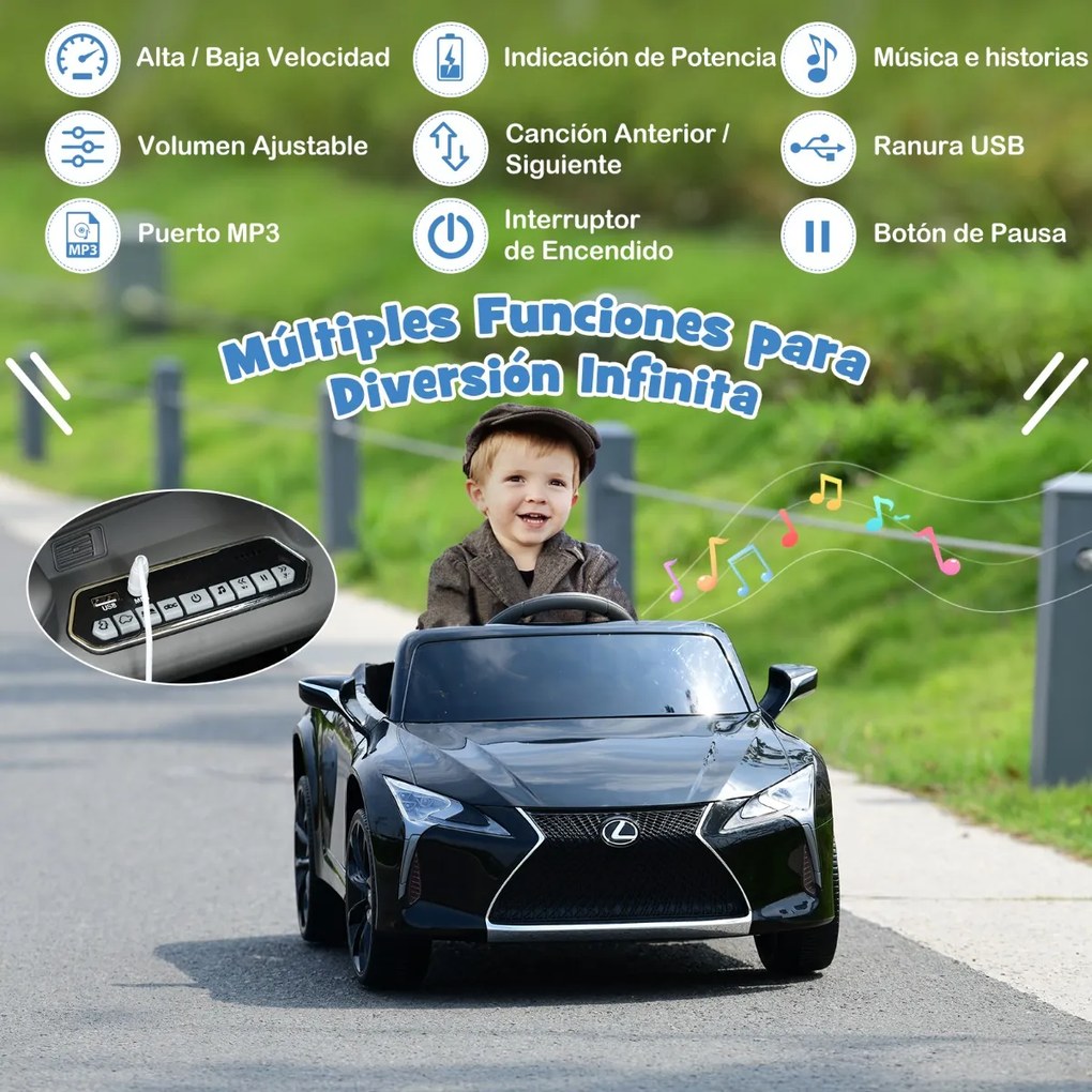 Carro elétrico para crianças Lexus com licença oficial com bateria 12V e controlo remoto 2.4G Luzes LED brilhantes e música Preto