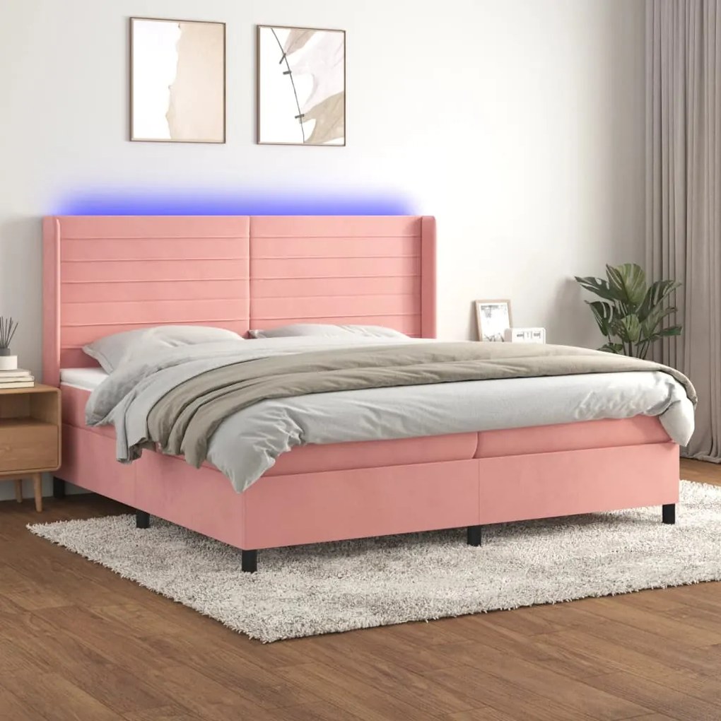 Cama box spring c/ colchão/LED 200x200 cm veludo rosa