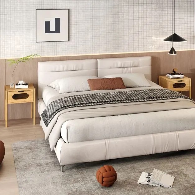 Conjunto de 2 mesas de cabeceira 40 x 40 x 50,5 cm em bambu, estilo rústico, com gaveta e vidro temperado. Mesa auxiliar para quarto, em tom natural