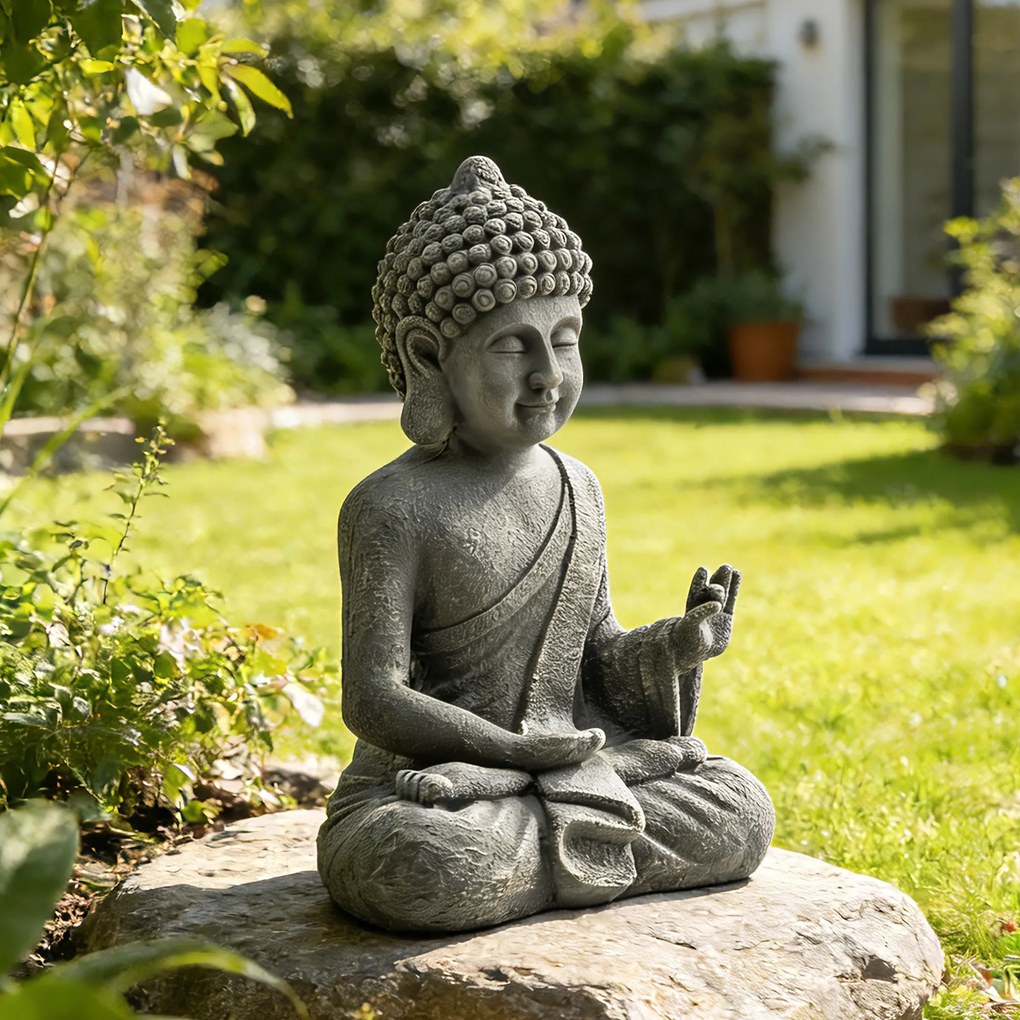 Estátua de jardim  32 x 23 x 51 cm, escultura de Buda sentado em óxido de magnésio, decoração espiritual, cinzento escuro