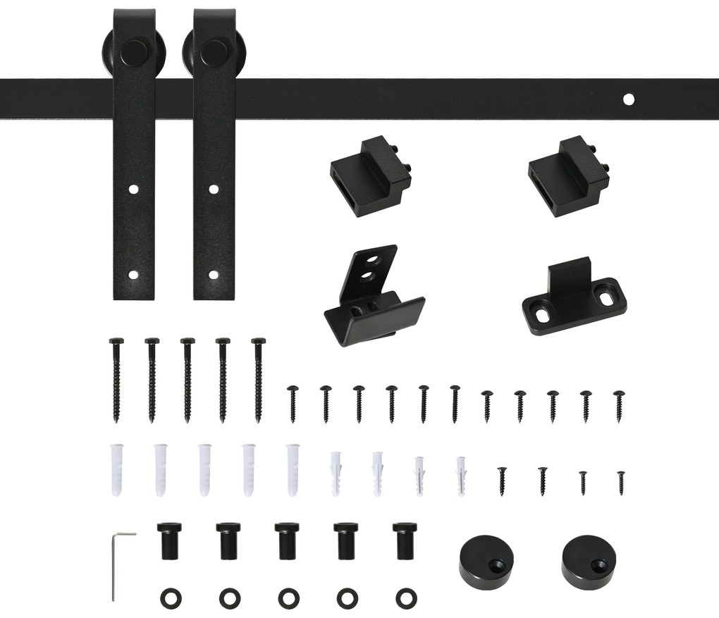 HOMCOM Ferragens para Porta Corredeira 200cm Kit de Acessórios para Porta Corredeira de Madeira com 2 Trilhos de Aço Carga Máxima 20 kg Preto