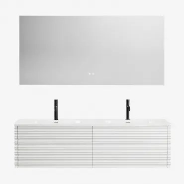 Conjunto De Móvel De Casa De Banho Suspenso Em Madeira Com Lavatórios Integrados Noura Branco & Retangular Led E Anti-embaciamento 160x75 Cm - Sklum