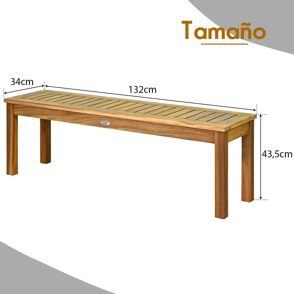 Banco de jardim em madeira de acácia rústico sem encosto com assento de ripas para piscina Entrada de jardim 132 x 34 x 43,5 cm Teca