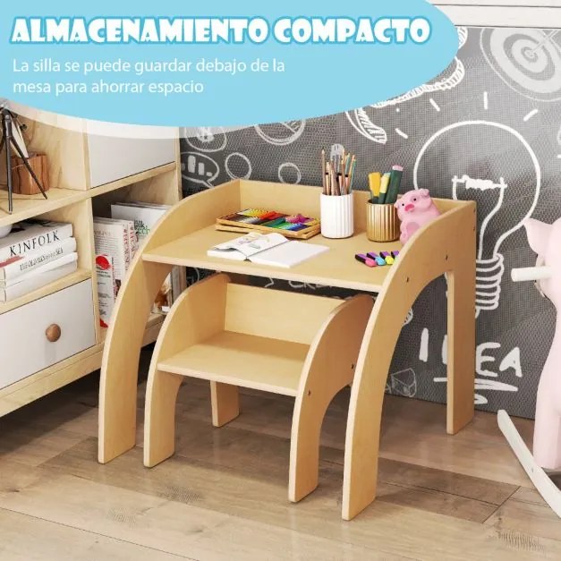 Conjunto de mesa e cadeira para crianças Mesa de actividades para crianças com tampo de trabalho grande Natural