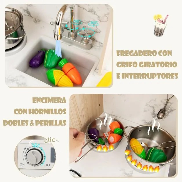 Cozinha infantil brincar em madeira 90 x 29 x 90 cm com luzes LED ajustáveis Bandejas e prateleiras de tecido removíveis Branca + Natural