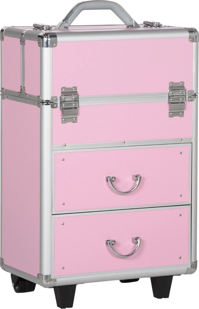 Mala de Maquilhagem Professional com Rodas 6 Gavetas Extensíveis Fechadura 2 Chaves e Alça Retrátil 36x23x58 cm Rosa