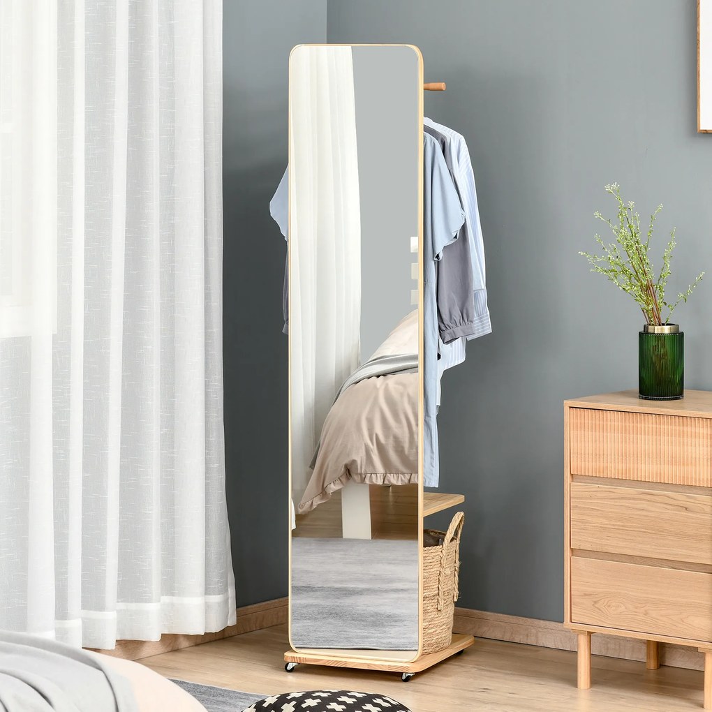 Espelho de pé com rodas 40 (L) x 44,5 (P) x 170 (A) cm Com cabides, 4 ganchos e prateleira em MDF com acabamento em madeira clara