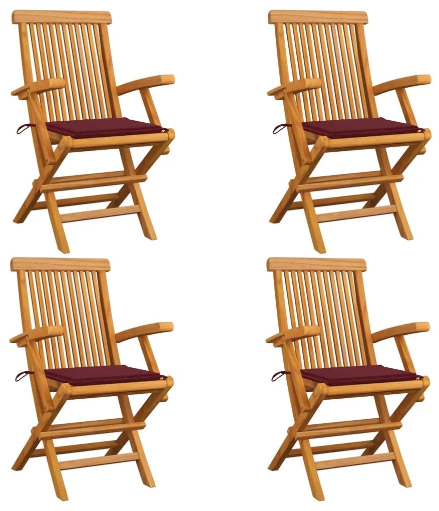 3065626 vidaXL Cadeiras jardim c/ almofadões vermelho tinto 4 pcs teca maciça