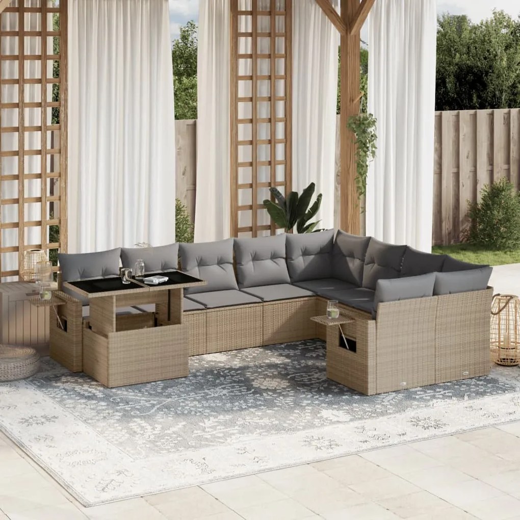 10 pcs conjunto de sofás p/ jardim com almofadões vime PE bege