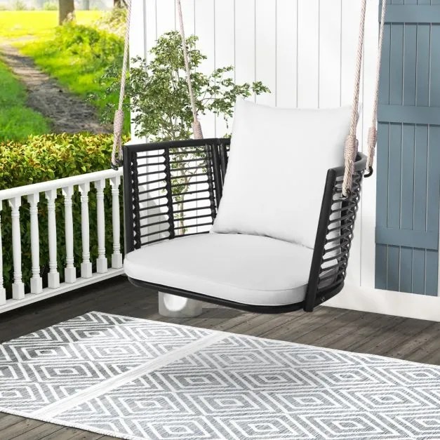 Baloiço jardim de metal para 1 pessoa com encosto em rattan tecido 2 cordas suspensas Almofadas de assento branco