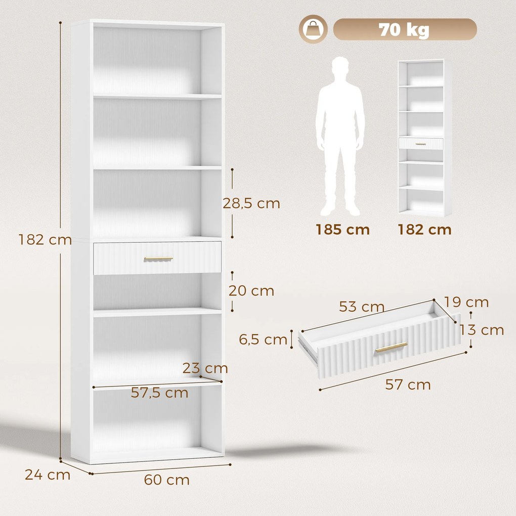 Estante para Livros Alta e Estreita, Estante de 7 Níveis com Gaveta, 6 Compartimentos Abertos, 60x24x182 cm, Branco
