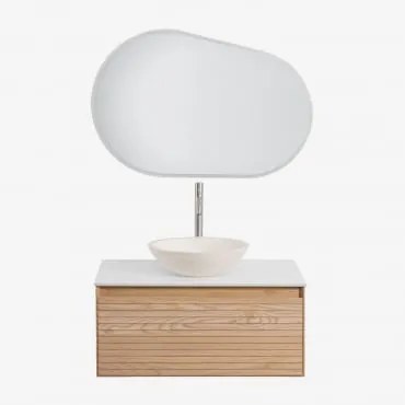 Conjunto De Móvel De Casa De Banho Suspenso Em Madeira De Freixo Tedrik Castanho Fresno & Cimento Redondo Branco Ø40 Cm Zavion & Oval - Sklum