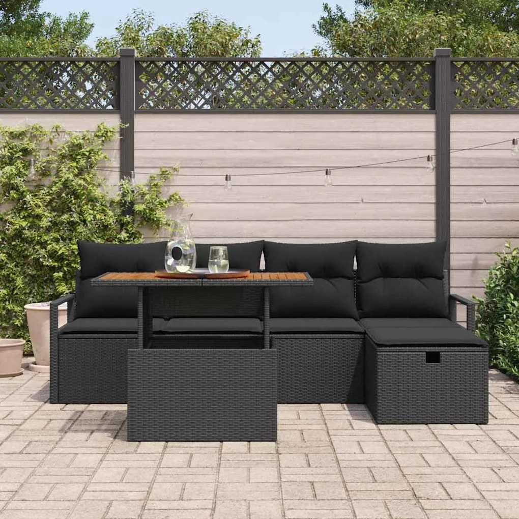 Conjunto de Sofá de Jardim com 6 Peças e Almofadas Pretas em Rattan e