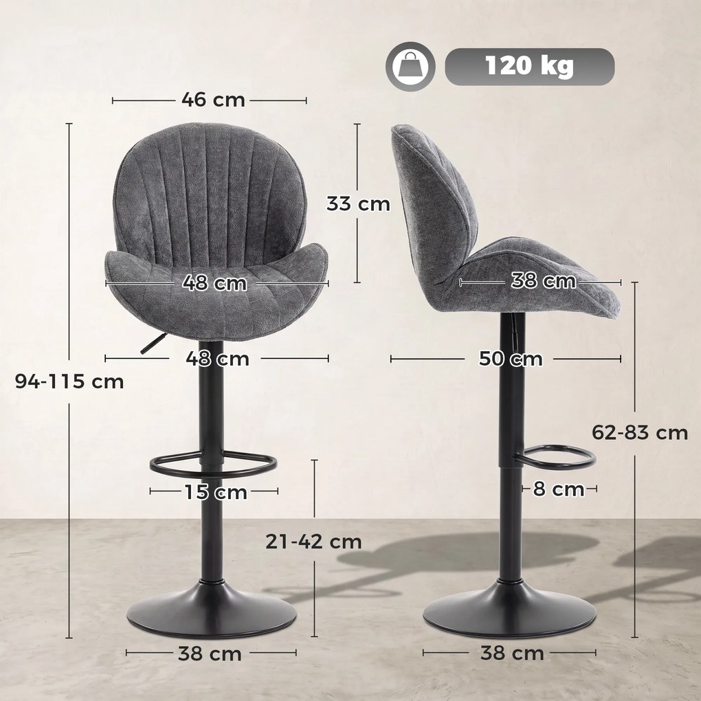 Conjunto de 2 Bancos de Bar, 50 x 48 x 115 cm, Altura Regulável, Cinzento