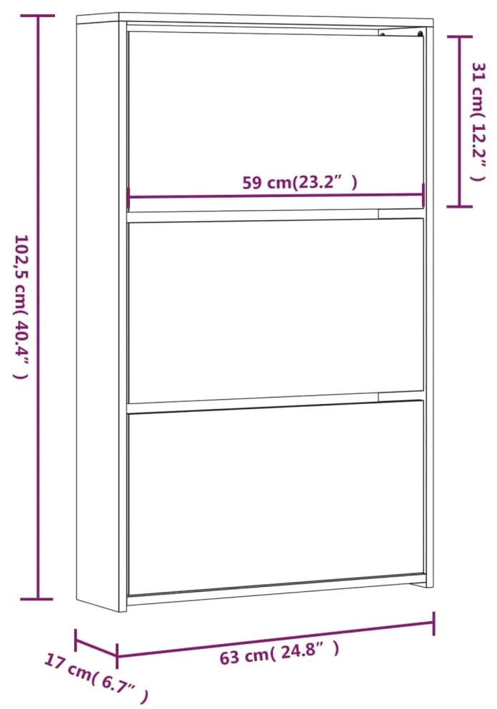 Sapateira com espelho 3 divisórias 63x17x102,5 cm cinza sonoma