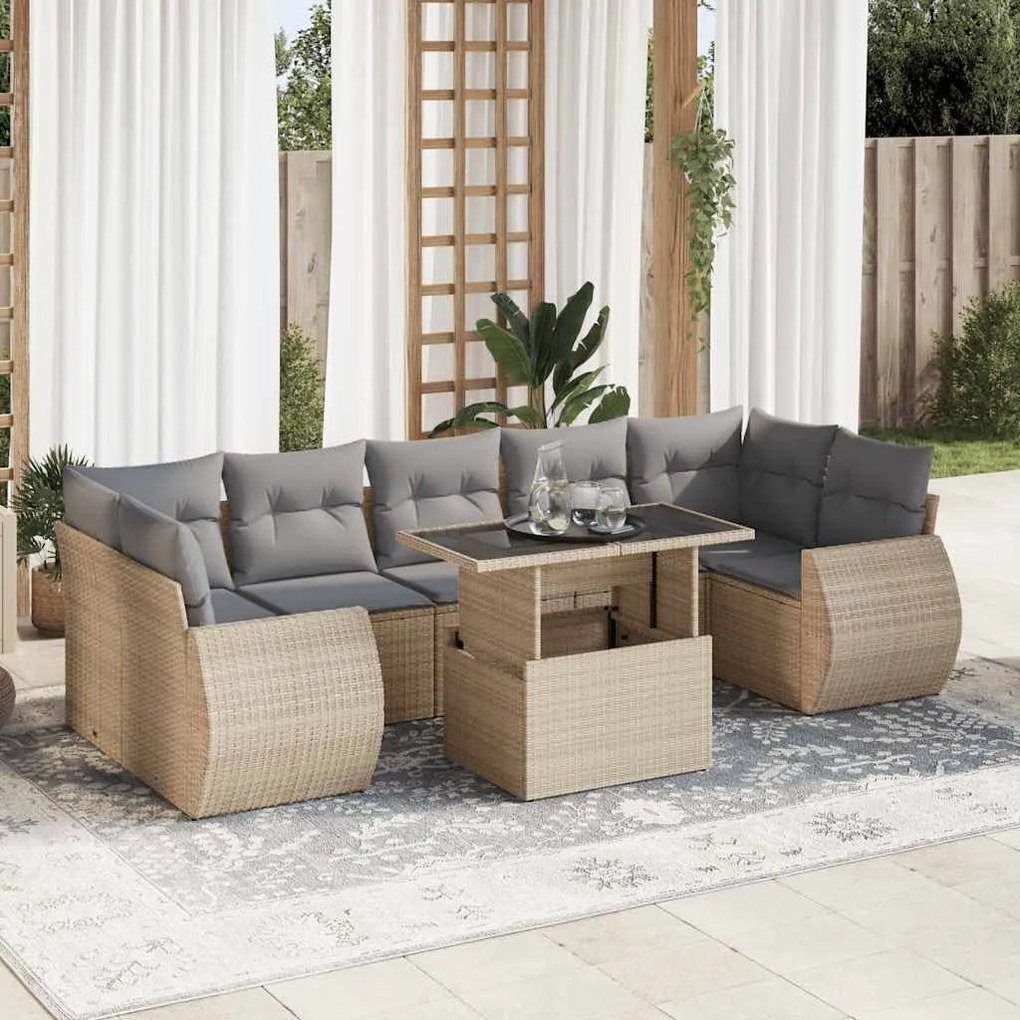 8 pcs conjunto de sofás p/ jardim com almofadões vime PE bege