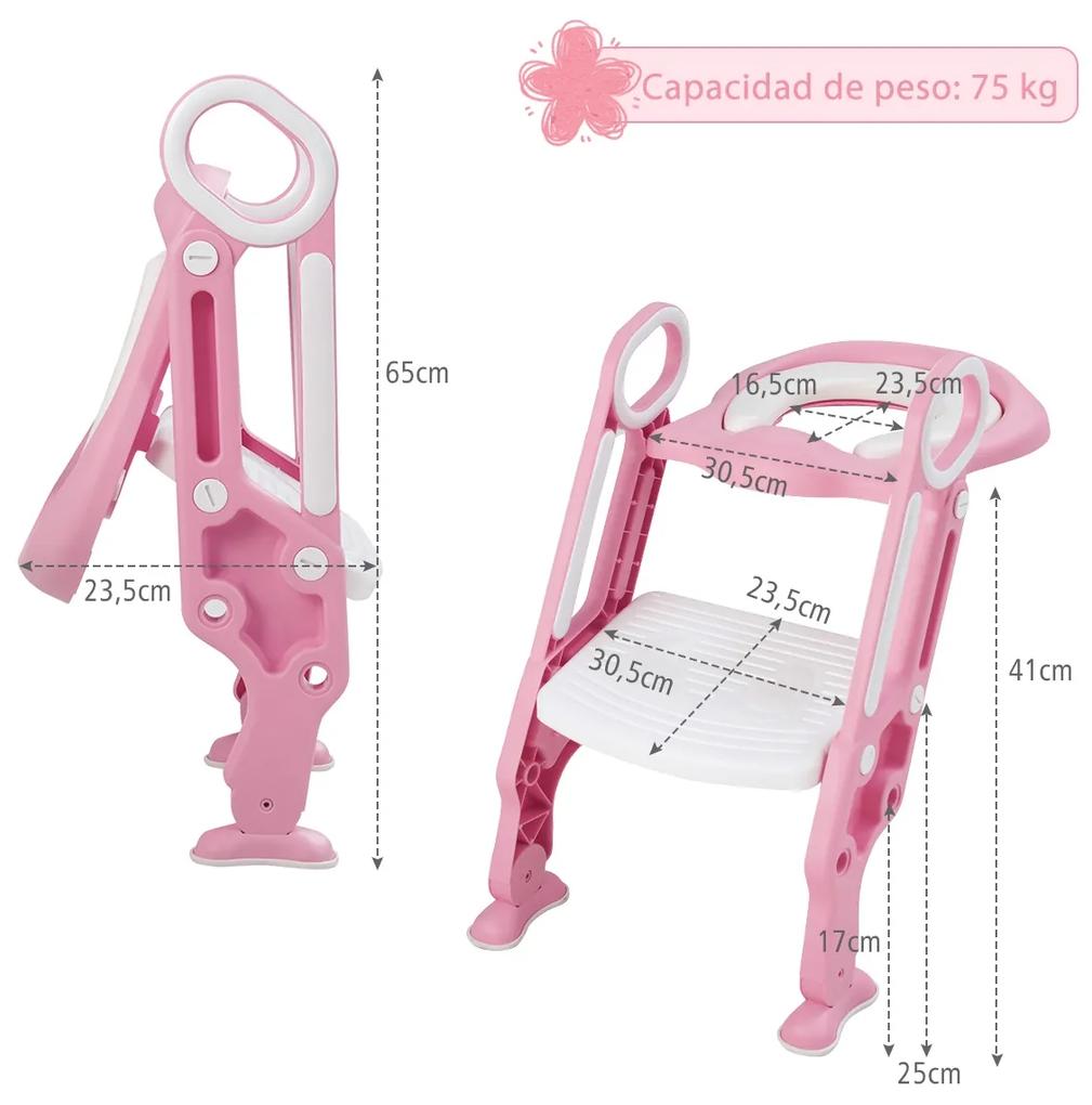 Escada Sanita Crianças Regulável e Banquinho Dobrável com Escada com Pega para Crianças Até 75 kg Rosa e Branco