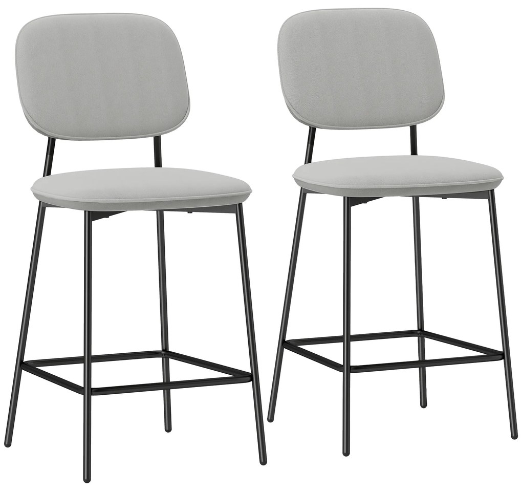 HOMCOM Conjunto de 2 Bancos de Bar Bancos Altos de Cozinha com Apoio para os Pés Estofados em Veludo 45x49x102 cm Cinza Claro