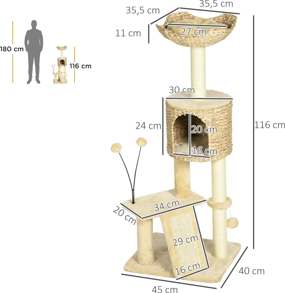 Arranhador  para gatos com 116 cm de altura, com casinha, cesto, plataformas, pompons de pelúcia e jacintos de água - bege