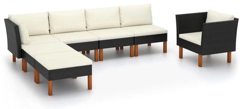 7 pcs conj. lounge jardim vime PE e madeira de eucalipto preto
