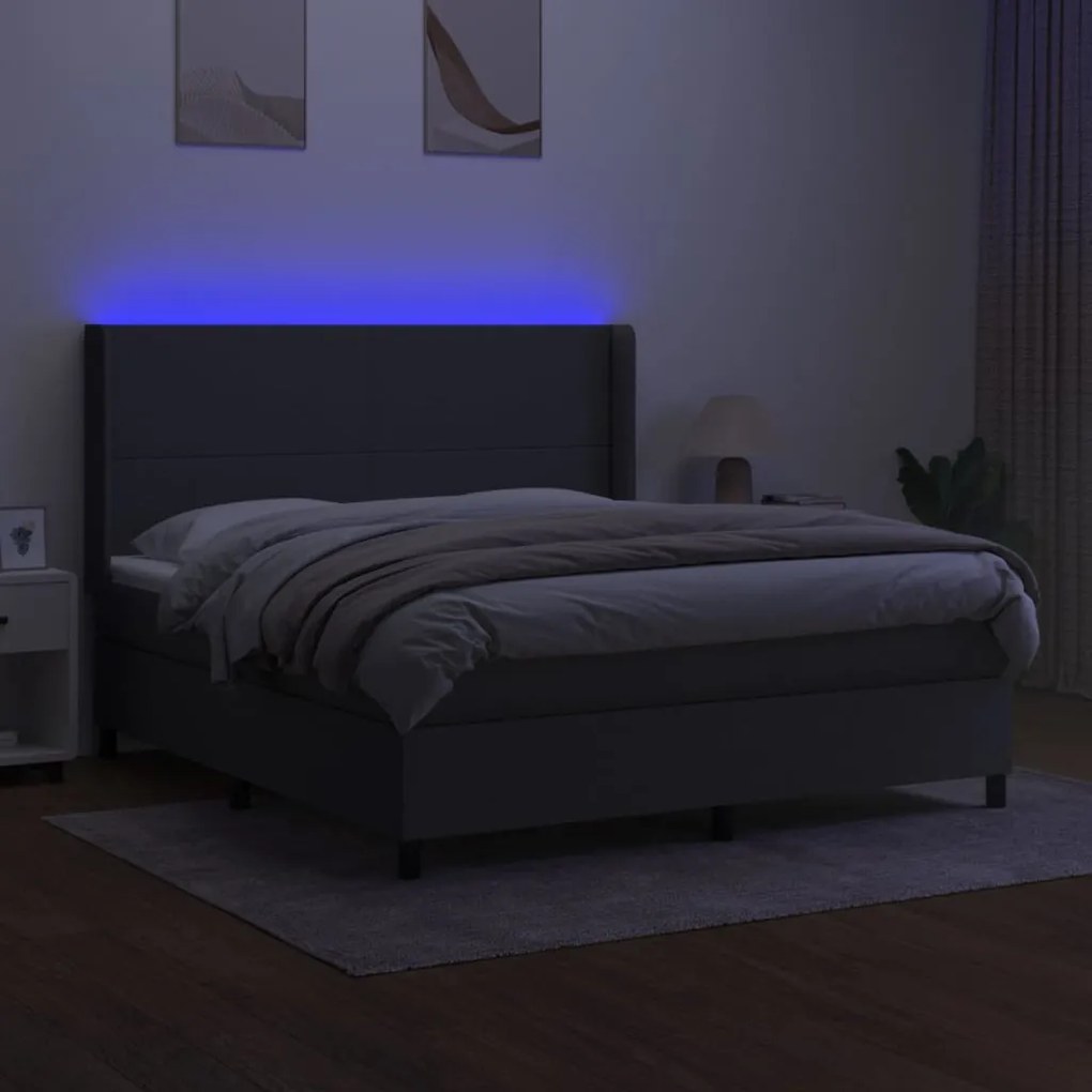 Cama box spring c/ colchão e LED 160x200 cm tecido cinza-escuro