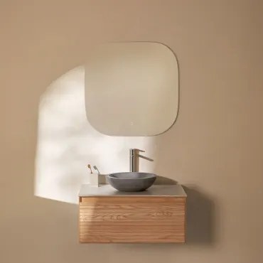 Conjunto De Móvel De Casa De Banho Suspenso 80x50 Cm Em Madeira De Freixo Tedrik Castanho Fresno & Cimento Cinzento Redondo Ø40 Cm Tarsis - Sklum