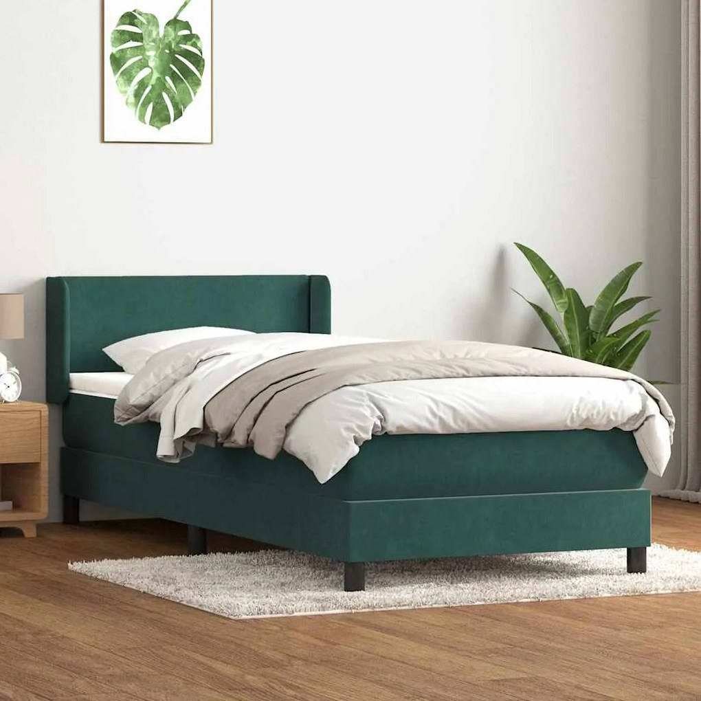 vidaXL Cama com molas/colchão 100x220 cm veludo verde-escuro