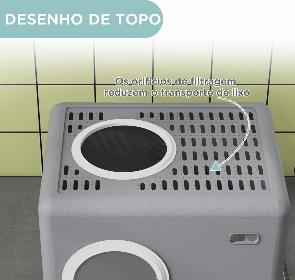 Caixa de Areia para Gatos com Pá Bandeja Removível 2 Portas Entrada Frontal e Saída Superior 52x41x38,5 cm Cinzento