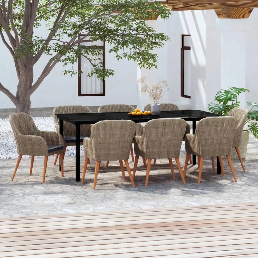 9 pcs conjunto de jantar para jardim com almofadões castanho