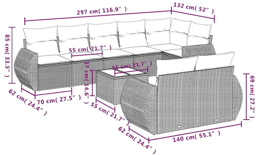 9 pcs conjunto de sofás p/ jardim c/ almofadões vime PE preto