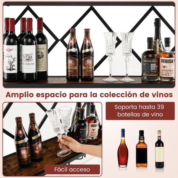 Garrafeira de parede para 39 garrafas de vinho Estante para vinhos com suporte para garrafas e 12 copos para cozinha Sala de jantar 100 x 25 x 45 cm C
