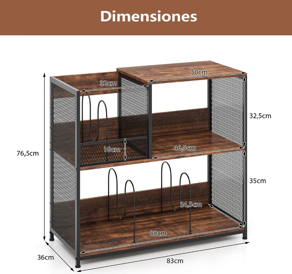 Armário para gira-discos de 3 níveis e para discos de vinil 83 x 36 x 76,5 cm com capacidade para 300 álbuns Mesa lateral com 3 divisórias Castanho