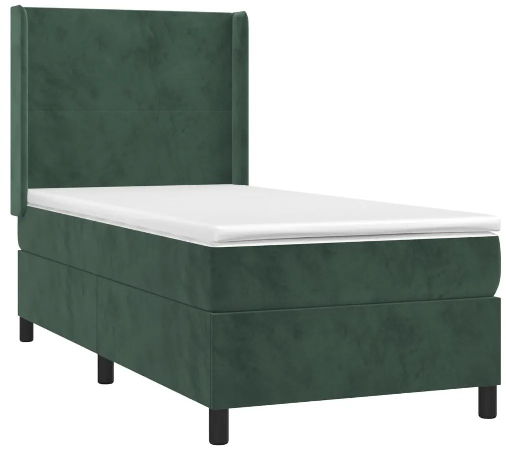 Cama box spring c/ colchão/LED 90x190 cm veludo verde-escuro