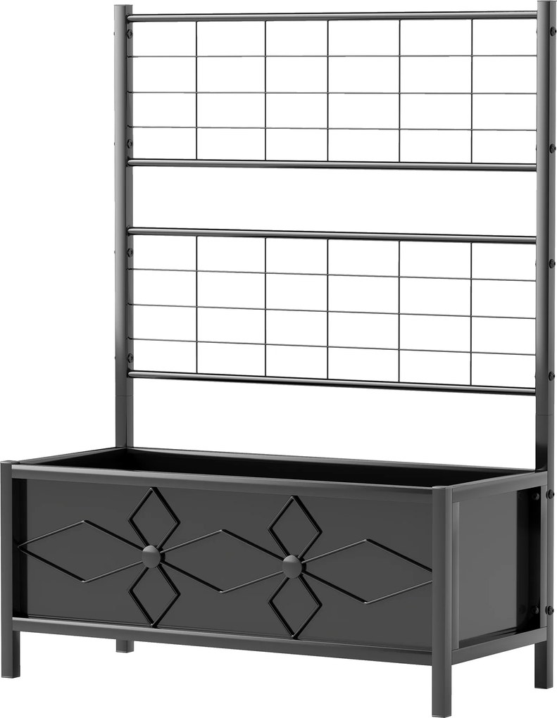 Floreira elevada para jardim com treliça, em aço galvanizado com padrão em losango, 90 x 40 x 120 cm, preta