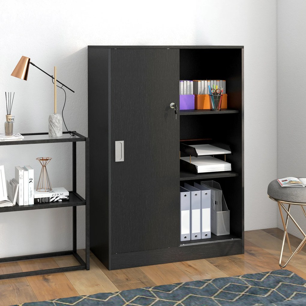 Armário de escritório com 2 portas de correr com fechadura, 80 x 40 x 120 cm, 2 prateleiras, painéis de aglomerado preto