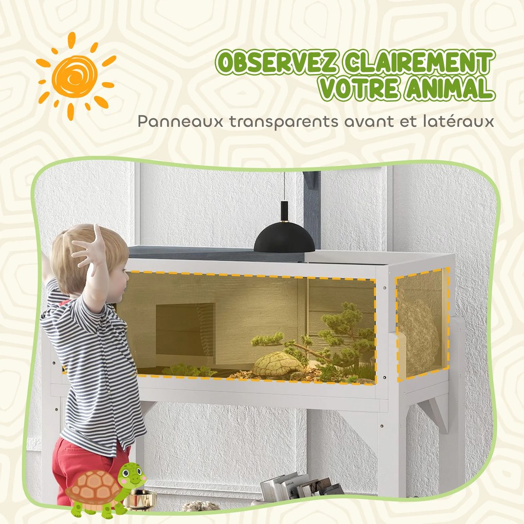 Casa para tartarugas 84,5 x 47,5 x 90 cm, terrário para tartarugas terrestres com pés, 2 zonas, teto abrível, zona interativa, cinzento