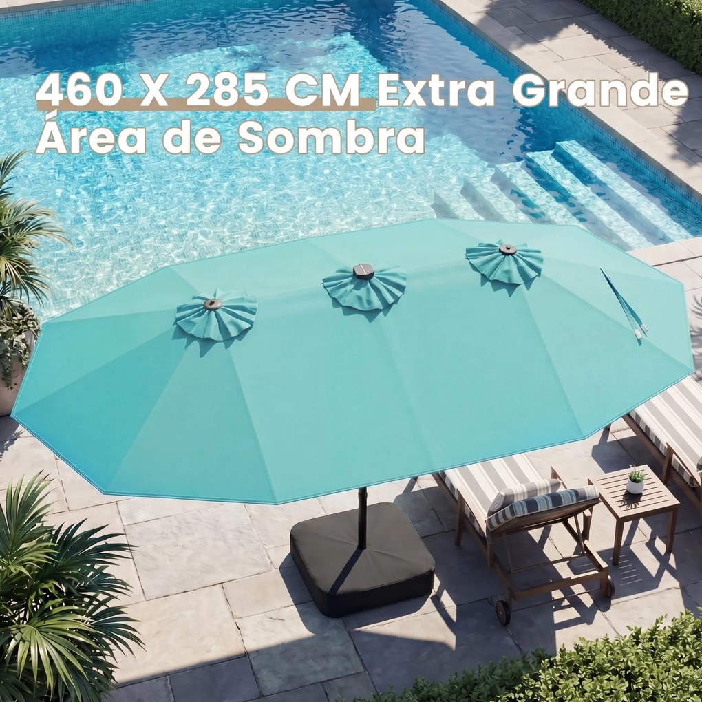 Guarda-sol duplo 460 x 285 cm com 48 luzes LED, 3 aberturas de ventilação, 12 varas, base e manivela para jardim, terraço e piscina – Turquesa