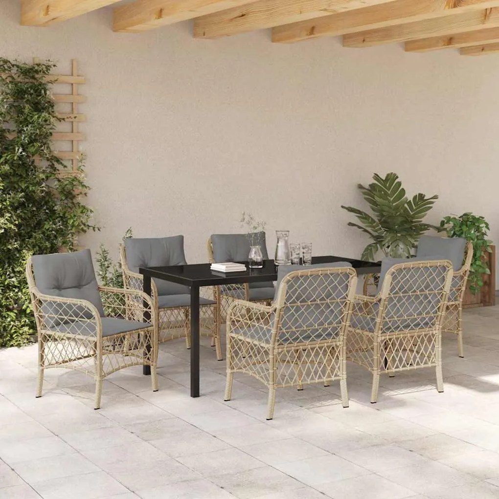 Conjunto de Jantar de Jardim com 7 Peças e Almofadas Beiges em Rattan