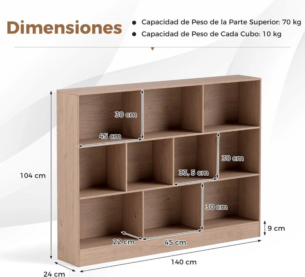 Estante de 10 cubos com 3 níveis Organizador de arrumação Estante anti-queda 140 cm para sala de estar Quarto Natural