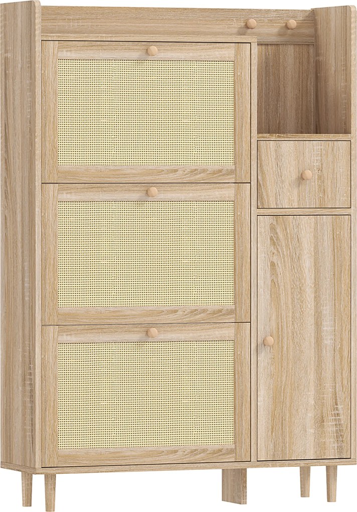 HOMCOM Móvel Sapateira com 3 Gavetas com Frente em Vime para 12 Pares de Sapatos Prateleiras Ajustáveis 80x23x120 cm Carvalho | Aosom Portugal