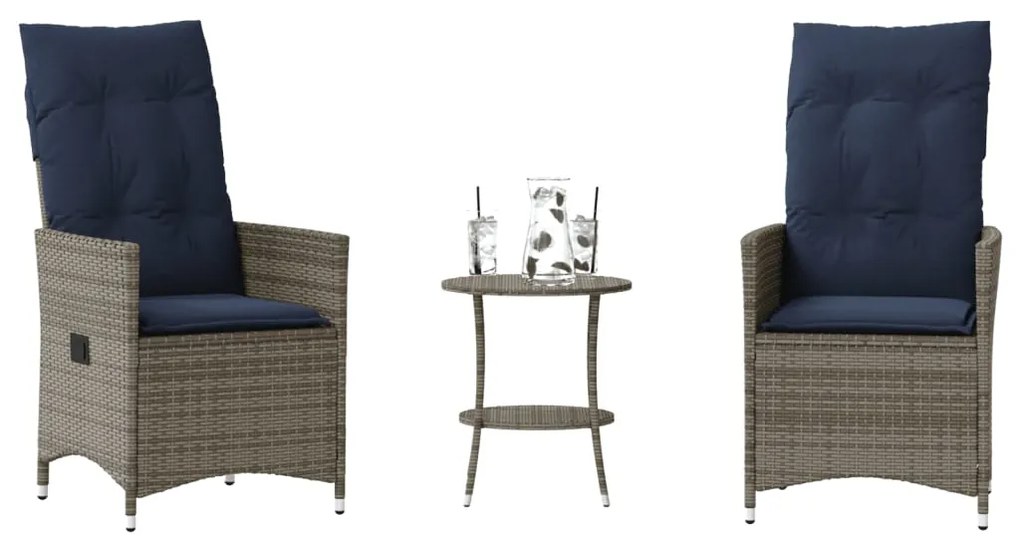 Conjunto Bistro de 3 peças com almofadas em rattan sintético cinza